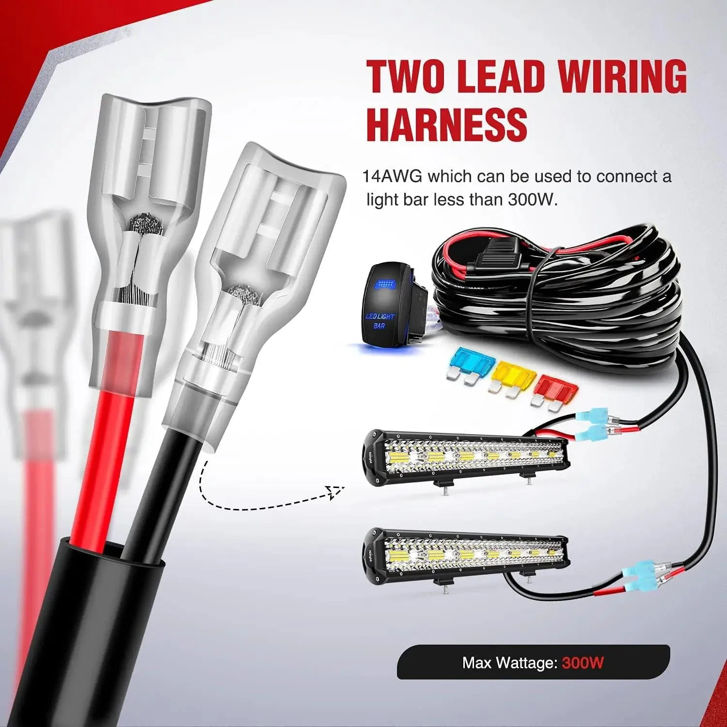 14AWG Wire Harness Kit 2 Leads W/ 12V 5Pin Switch | 3 Fuses | 4 Spade Connectors