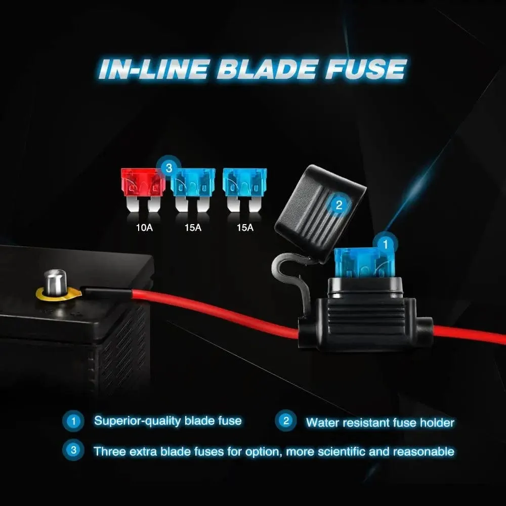 16AWG Wire Harness 12FT Kit 2 Leads W/ 12V 3Pin Switch | 3 Fuses | 4 Spade Connectors