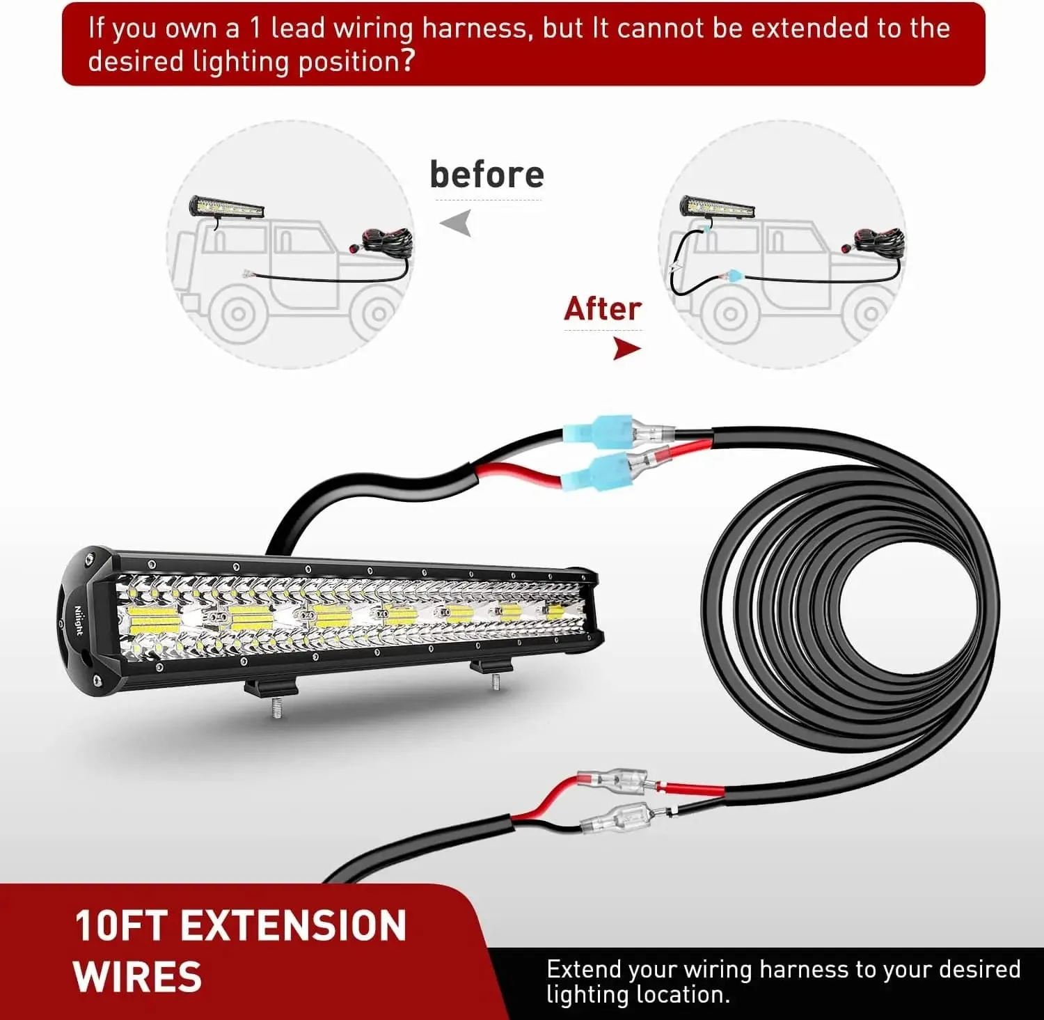 2PCS 12AWG 10FT Wire Extension Kit For LED Light Bar/Led Pods/LED Work Light
