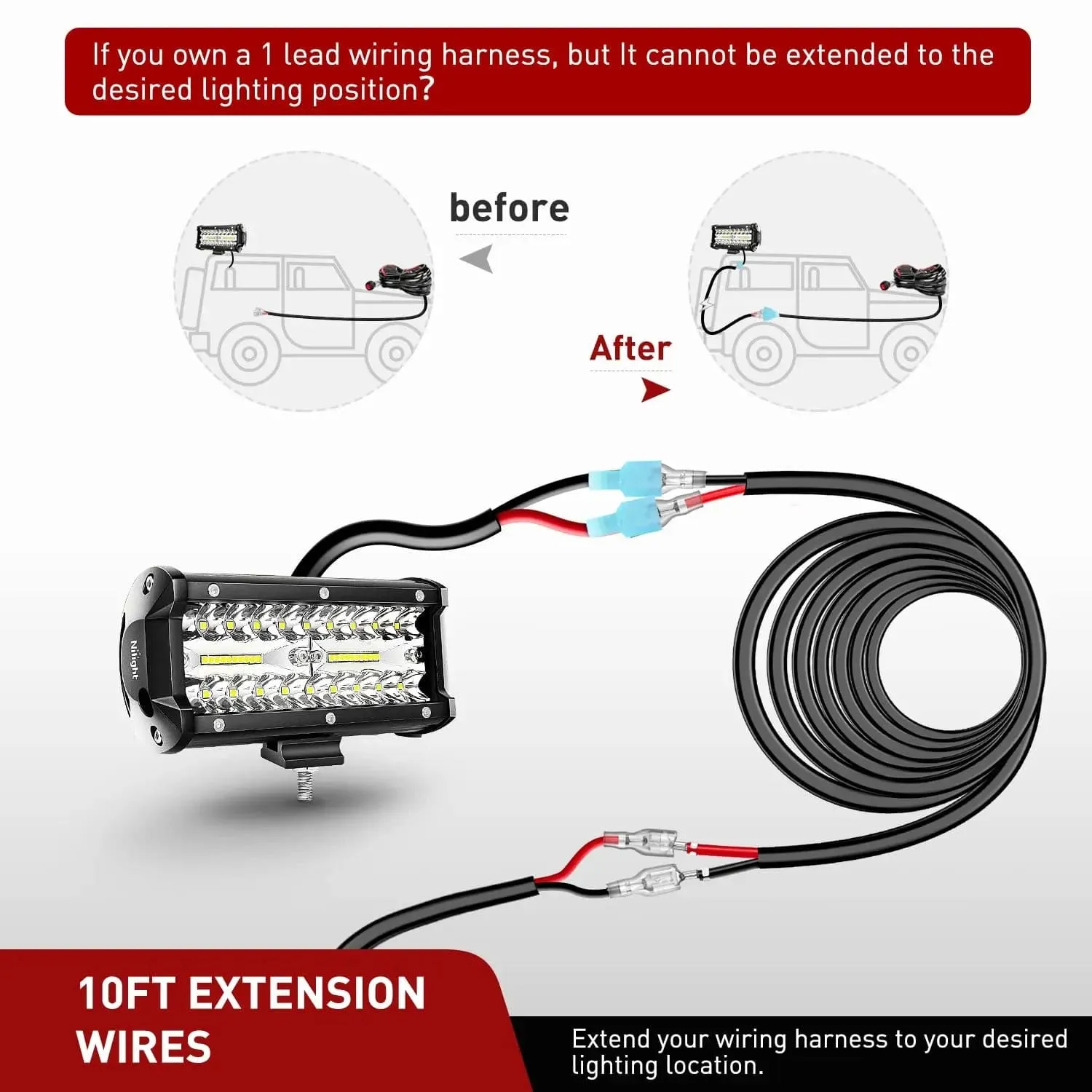2PCS 14AWG 10FT Wire Extension Kit LED Light Bar/Led Pods/LED Work Light