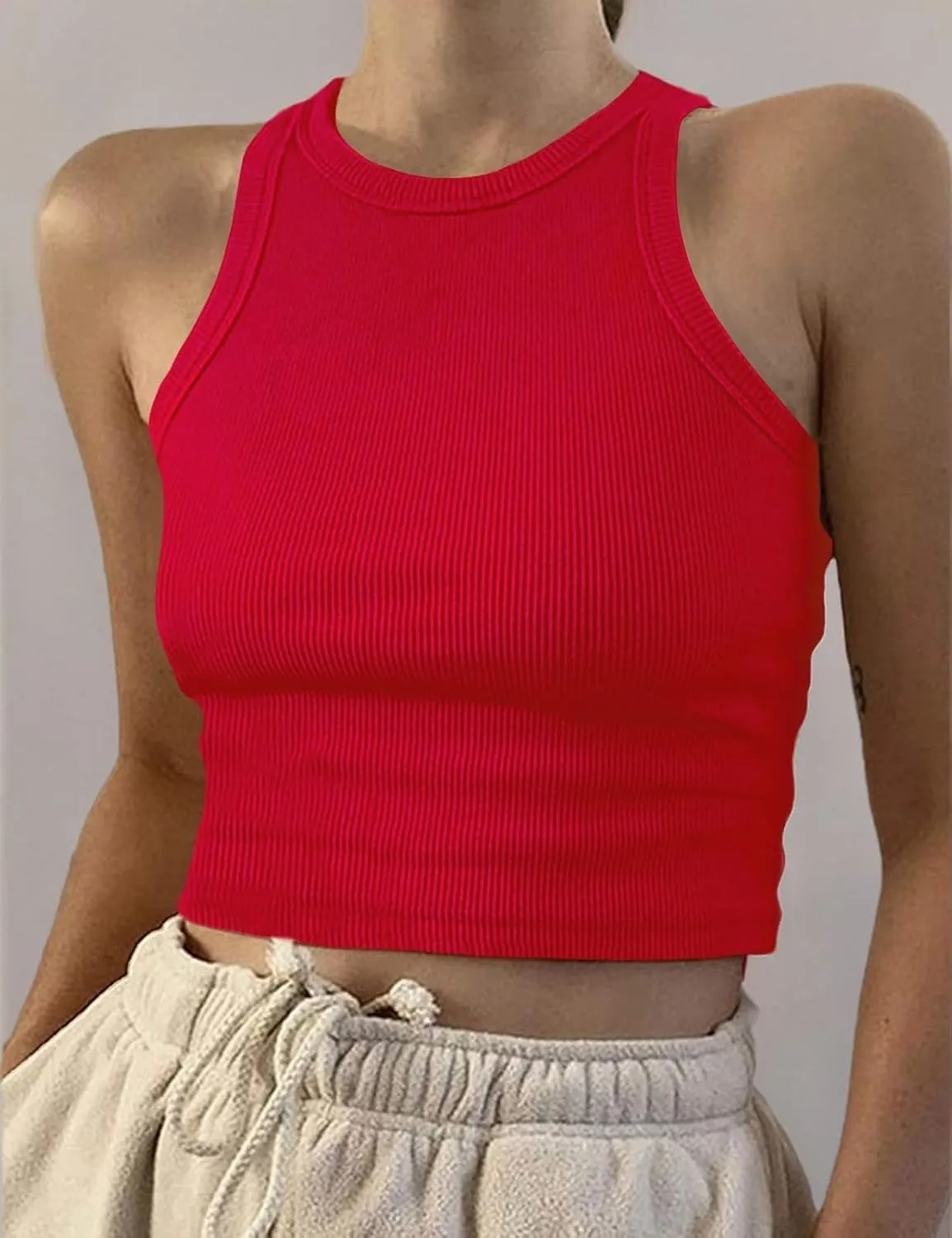Artfish Women Casual Basic Sleeveless High Neck Rib-Knit Y2k Crop Tank Top
