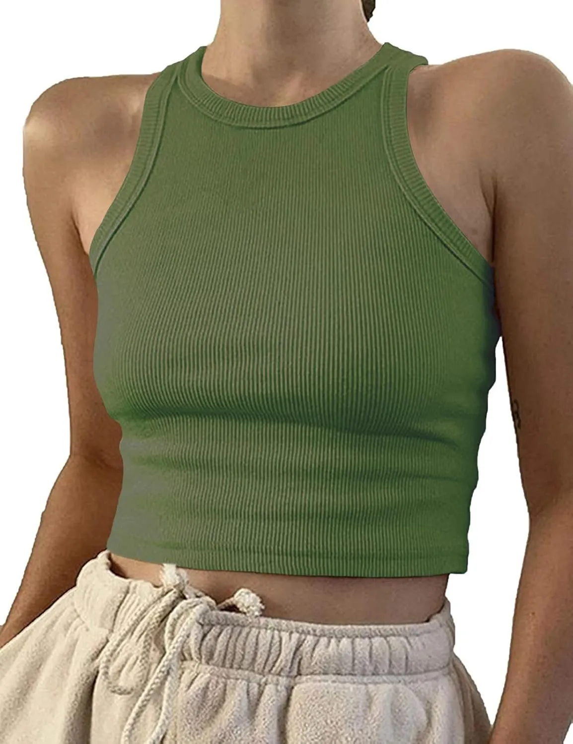Artfish Women Casual Basic Sleeveless High Neck Rib-Knit Y2k Crop Tank Top
