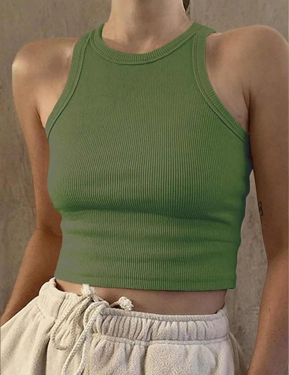 Artfish Women Casual Basic Sleeveless High Neck Rib-Knit Y2k Crop Tank Top