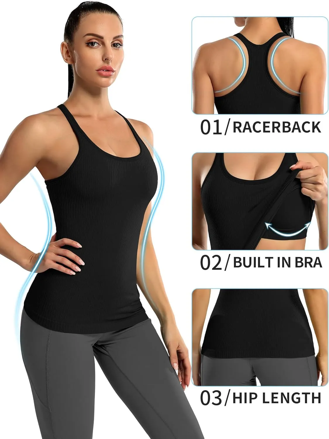 ATTRACO Ribbed Workout Tank Tops for Women with Built in Bra Tight Racerback Scoop Neck Athletic Top