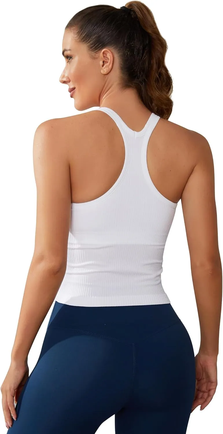 ATTRACO Women Ribbed Workout Crop Tops with Built in Bra Yoga Racerback Tank Top Tight Fit