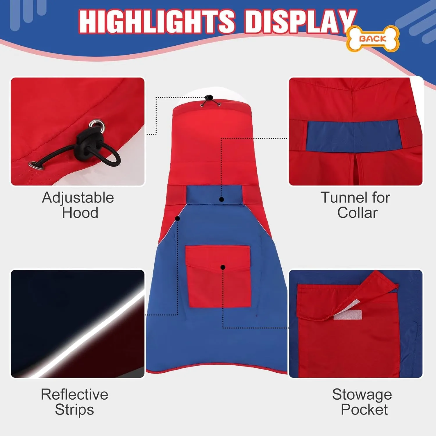 BINGPET Dog Raincoat - Adjustable, Waterproof & Snowproof Rain Jacket for Medium & Large Dogs (Red-Blue, XL)