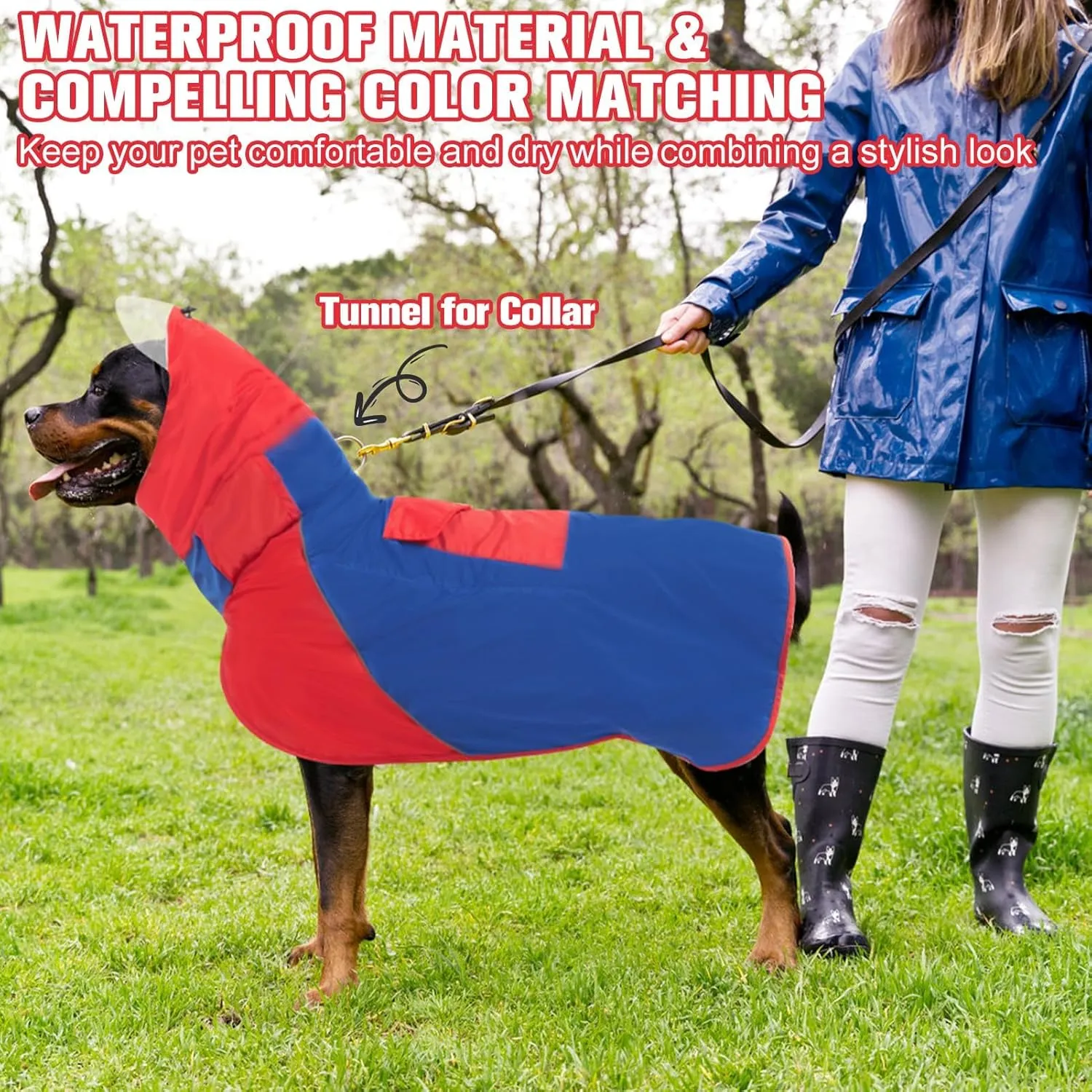 BINGPET Dog Raincoat - Adjustable, Waterproof & Snowproof Rain Jacket for Medium & Large Dogs (Red-Blue, XL)