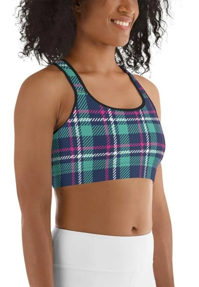 Pink & Turquoise Plaid Print Sports Bra