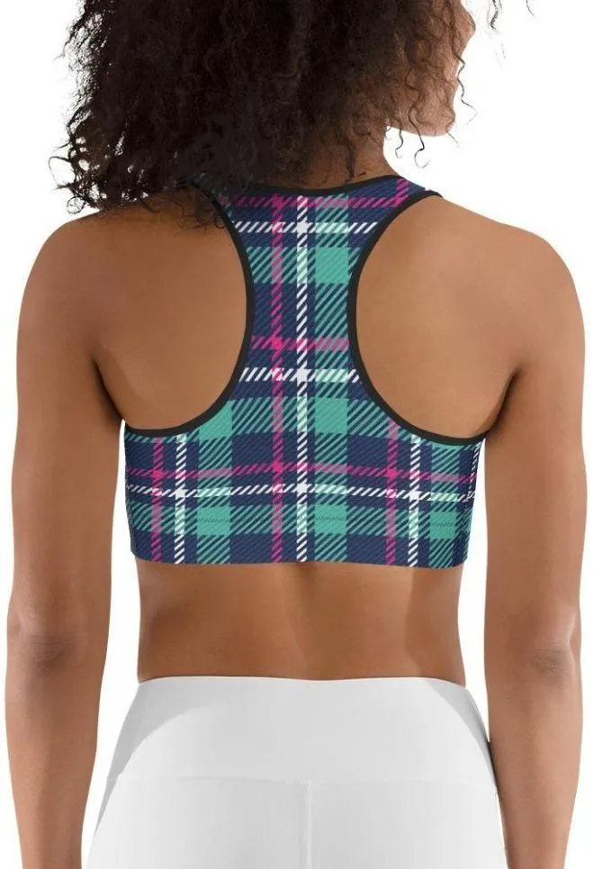 Pink & Turquoise Plaid Print Sports Bra