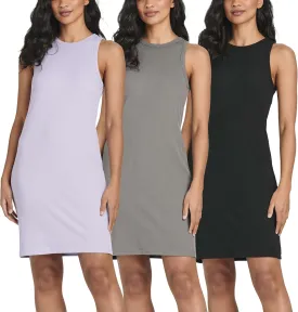 Real Essentials 3 Pack: Women's Mini Ribbed Jersey Tank Sleeveless High Neck Dress