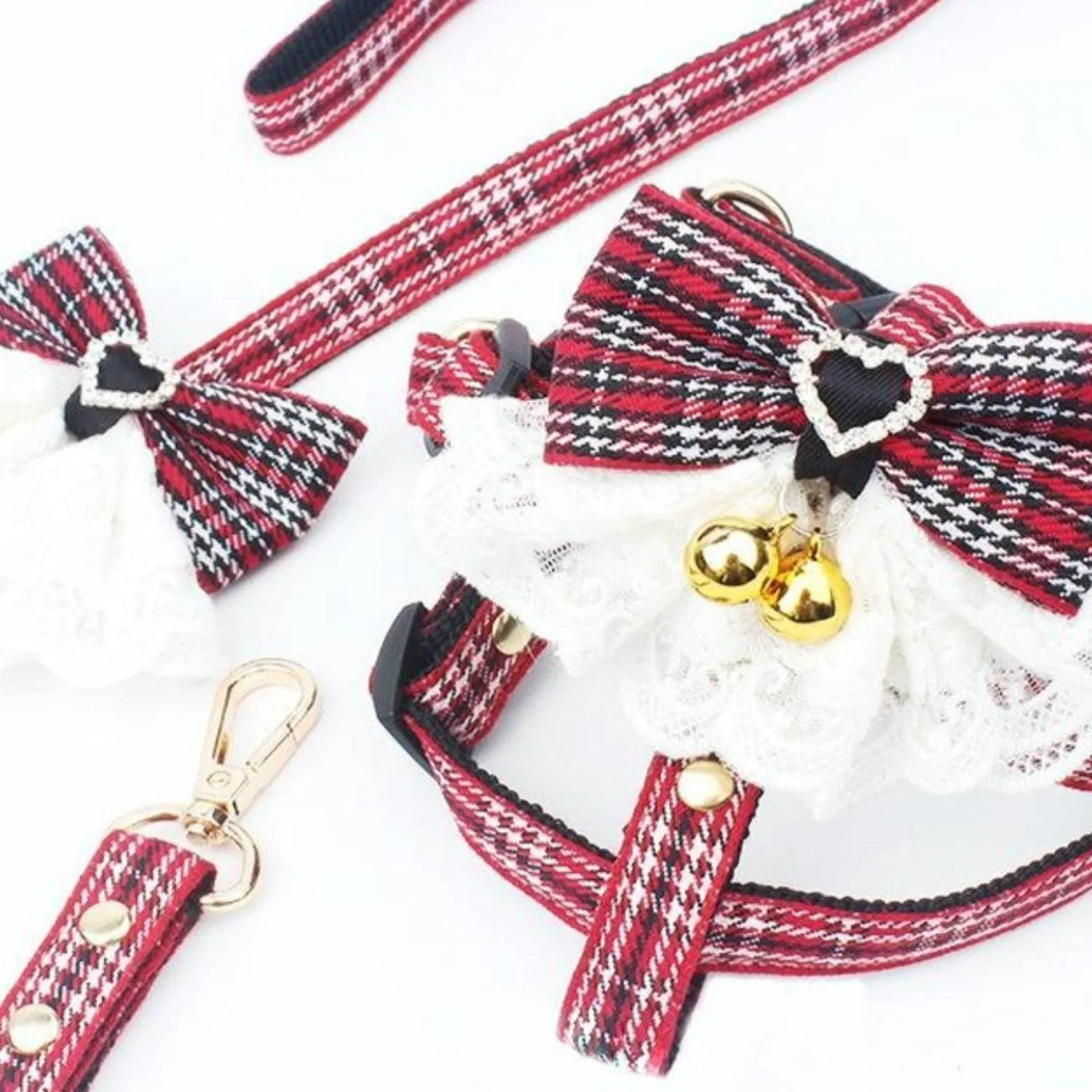 Scottish Bow Tie Dog Harness and Leash Set