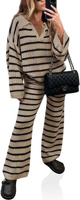 Yousify 2 Piece Sets for Women Long Sleeve V Neck Sweater Lounge Set Striped Fall Outfits 2024 S-2XL